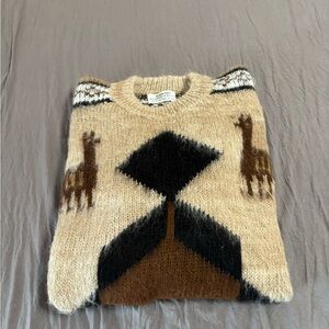 Unisex Beige and Brown Crewneck Alpaca Wool Sweater with Animal Design